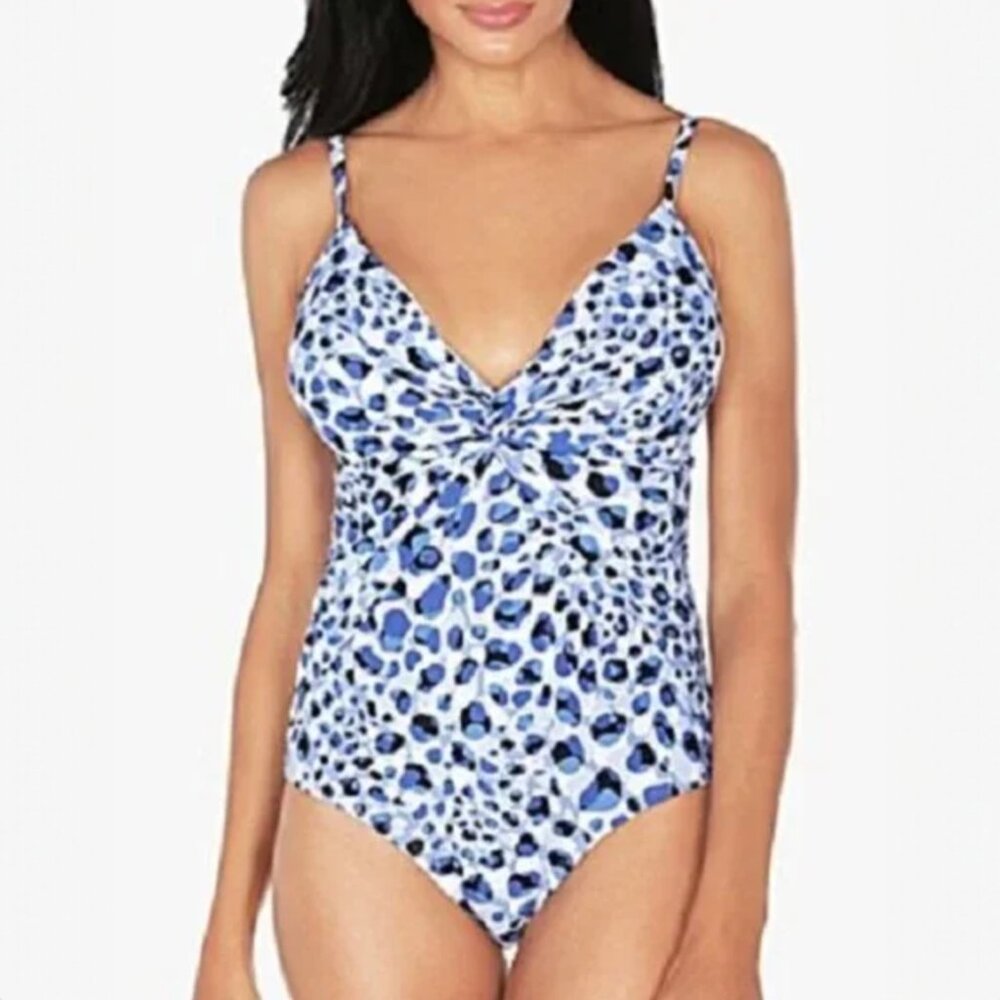 Tahari XL One Piece Swimsuit Blue Print Criss Cross Back